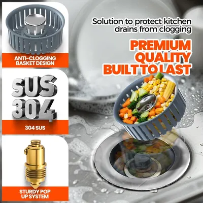 Breaks down the key structural components of the kitchen drain protector to show shoppers what makes it effective and durable, highlighting the anti-clog basket, premium stainless steel material,…