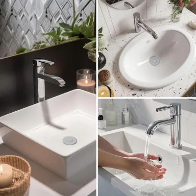 Showcases the faucet product in multiple beautiful, real-world bathroom environments to help shoppers visualize how it would look and function in their own homes.