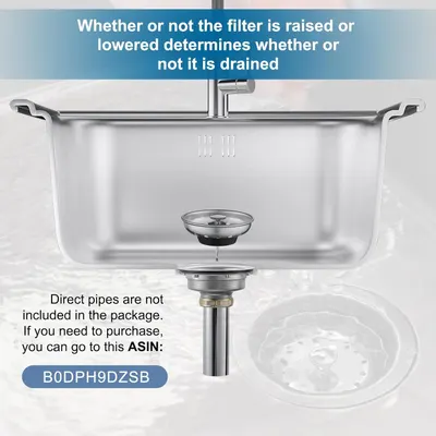 Explains how the sink's drain filter mechanism works by raising or lowering it, helping shoppers understand the product's functionality and ease of use. Highlights the adjustable drain filter…