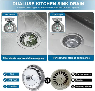 Demonstrates the superiority of the stainless steel sink drain over traditional rubber stoppers by highlighting durability, anti-rust properties, and resistance to mildew, while also showing dual…
