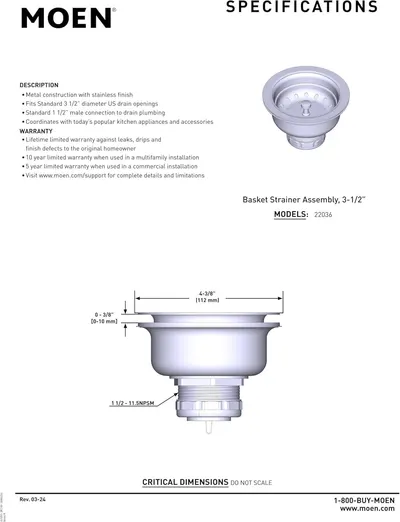 Provides exact measurements and technical specifications of the basket strainer assembly to help installers and buyers verify compatibility with their plumbing setup.