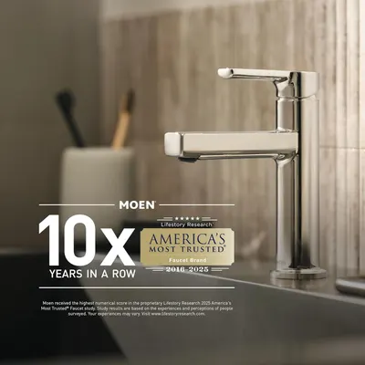 Communicates brand credibility and trust by showcasing that Moen has been recognized as America's Most Trusted Faucet Brand for 10 consecutive years based on Lifestory Research.