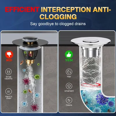 Demonstrates the superiority of the advertised drain strainer by showing a side-by-side comparison: the competitor product allows debris to pass through and clogs easily, while this product…
