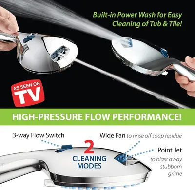 Communicates multiple distinct cleaning benefits and features of the product, including power wash capability, high-pressure performance, and two different cleaning modes (wide fan and point jet) to…