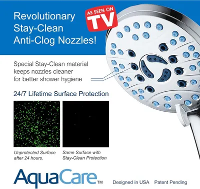 Communicates multiple distinct benefits of the showerhead: anti-clog technology, special stay-clean material for hygiene, and 24/7 lifetime surface protection, supported by a visual comparison…