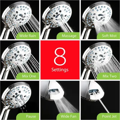 Demonstrates the product's versatility by showcasing all 8 different spray settings available, helping shoppers understand the variety of water flow options they can choose from.