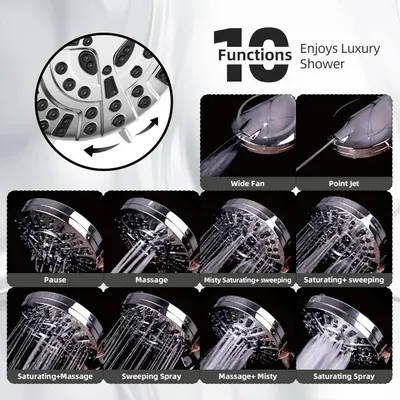 Demonstrates the product's versatility by showcasing 10 different spray functions and modes, reassuring shoppers that the showerhead offers customizable luxury shower experiences for different…