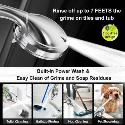 Demonstrates the versatility of the product by showing four distinct cleaning and rinsing applications, reassuring shoppers that this tool can handle multiple household tasks. Highlights the…