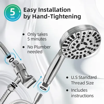 Demonstrates that the showerhead can be installed quickly and easily in just 5 minutes by hand-tightening, without requiring professional plumbing help, reassuring shoppers about ease of setup.…