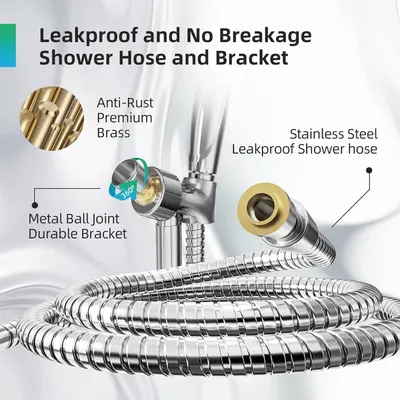 Breaks down the physical components of the shower hose and bracket system to show shoppers the quality materials and construction features that make it durable and leakproof.