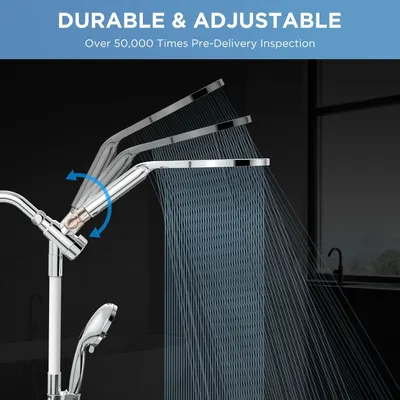 Communicates that the showerhead is both durable and adjustable, with multiple visual elements showing the adjustable arm mechanism and quality assurance through inspection statistics.