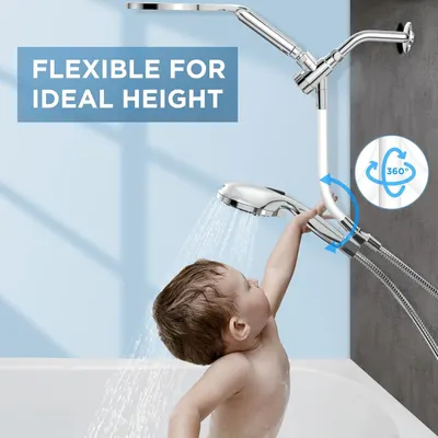 Demonstrates that the showerhead is flexible and adjustable to ideal height with 360-degree rotation, making it convenient for users of all heights including children.