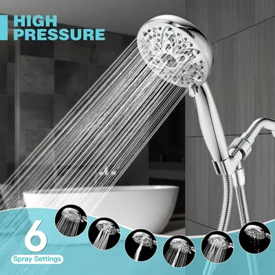 Communicates the showerhead's high-pressure performance and versatility with 6 different spray patterns, reassuring shoppers of a customizable and powerful shower experience.