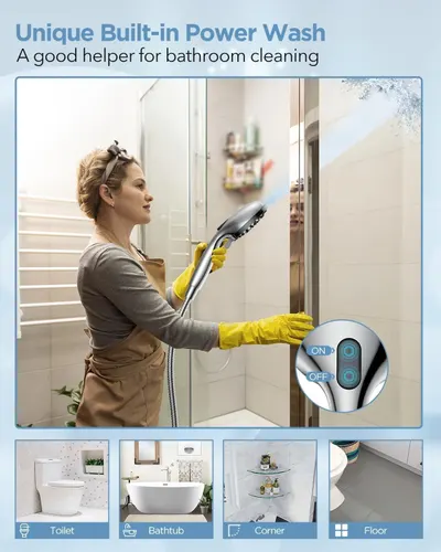 Demonstrates the versatility of the power wash tool by showing it can be used in multiple bathroom cleaning applications, reassuring shoppers it's a comprehensive cleaning solution. Shows how to use…