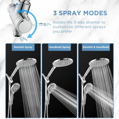 Communicates the product's versatility by showing three different spray modes (Rainfall, Handheld, and Rainfall & Handheld) that can be customized via a 3-way diverter, reassuring shoppers they can…
