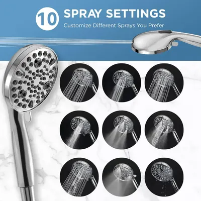 Communicates the product's versatility by showcasing 10 different spray settings, reassuring shoppers they can customize their shower experience to their preference.