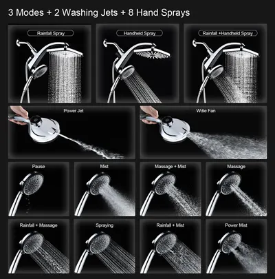 Demonstrates the product's versatility by showcasing all available spray modes and configurations, helping shoppers understand the full range of functionality and customization options.