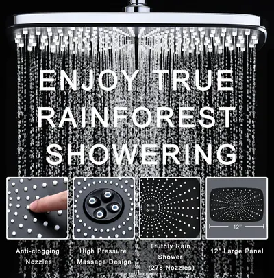 Communicates multiple distinct benefits of the showerhead in a segmented layout to show shoppers the comprehensive value: anti-clog technology, high-pressure massage, realistic rain experience, and…
