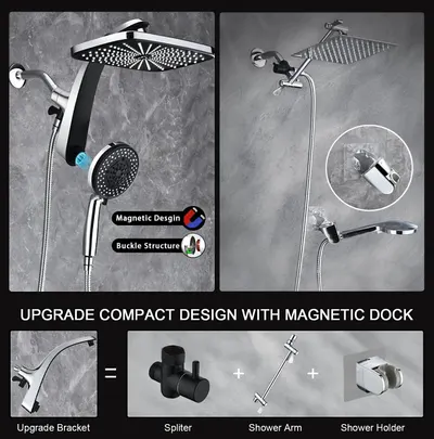 This image breaks down the shower system's physical components and structural features, highlighting the magnetic dock and buckle structure to help shoppers understand how the product is constructed…
