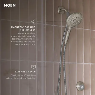 Communicates two distinct product benefits in a segmented layout: the magnetic docking feature for easy release and secure placement, and the 60-inch hose for extended reach and flexibility.
