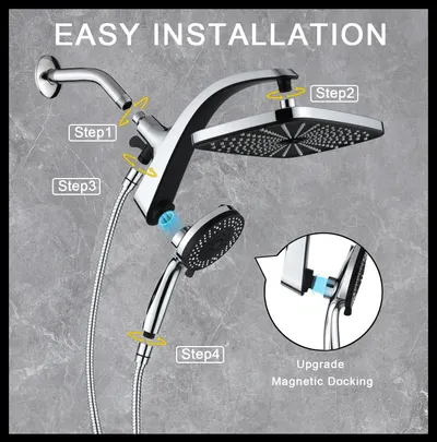Demonstrates the simple 4-step installation process for the dual showerhead system, reassuring shoppers that setup is quick and straightforward without professional help. Highlights the ease of…