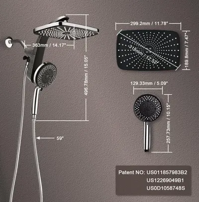 Provides precise dimensional measurements of the shower system and its components to help shoppers understand the exact physical size and fit for their bathroom installation.