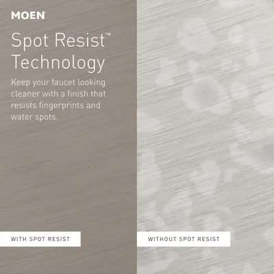 Demonstrates the effectiveness of Moen's Spot Resist Technology by showing a side-by-side comparison of a faucet finish with and without the technology, proving it keeps surfaces cleaner and free…