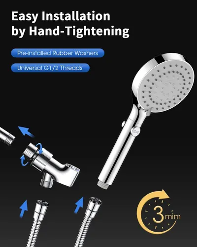 Demonstrates the simple installation process of the showerhead, emphasizing that it can be installed by hand-tightening in just 3 minutes with pre-installed rubber washers and universal G1/2…
