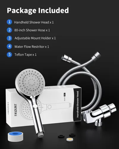 Shows all components included in the package to help shoppers understand exactly what they will receive: handheld shower head, hose, mount holder, flow restrictor, and teflon tape.