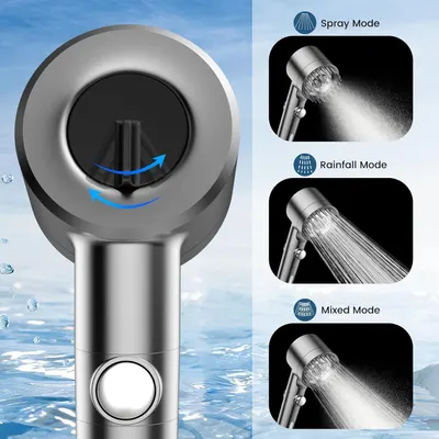 Demonstrates the product's versatility by showing three different water spray modes available, helping shoppers understand the multiple use scenarios and customization options.