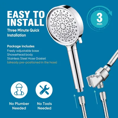 Communicates that the showerhead can be installed in just 3 minutes without professional help or tools, reassuring shoppers about ease of setup. Shows all components included in the package to help…
