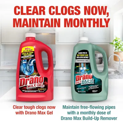 Communicates a two-part drain care system: one product for clearing tough clogs immediately and another for monthly maintenance to prevent future clogs. Showcases the Drano brand's product portfolio…