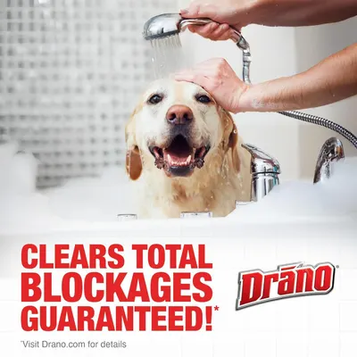 Communicates the product's guaranteed effectiveness at clearing drain blockages, using a lifestyle context to demonstrate the product's use case and build confidence in its performance.