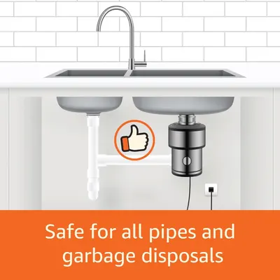 Reassures shoppers that the product is safe to use with all types of plumbing and garbage disposal systems, eliminating concerns about potential damage. Communicates the key benefit that the product…