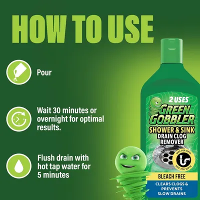 Provides clear step-by-step instructions on how to use the drain clog remover product, showing shoppers the simple process: pour, wait, and flush.
