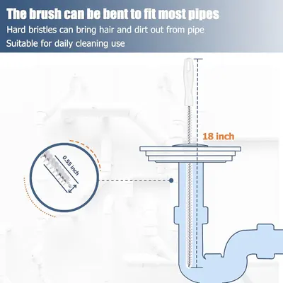 Communicates the physical dimensions of the pipe cleaning brush to help shoppers understand if it will fit their pipes and cleaning needs. Highlights the brush's bendable design and hard bristles…