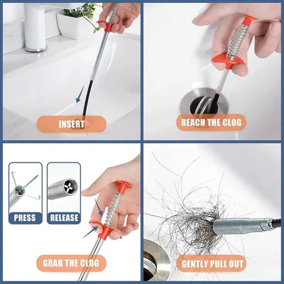 Demonstrates the step-by-step process for using the drain cleaning tool to remove clogs, reassuring shoppers that the product is easy to use and effective.