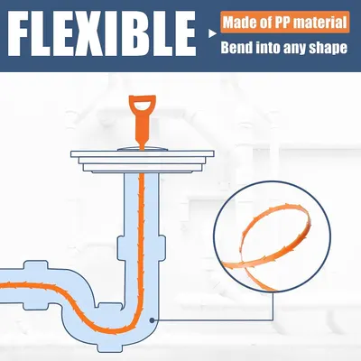 Demonstrates the product's flexible PP material construction and how it can bend into any shape, highlighting the physical material property and structural flexibility of the drain snake component.…
