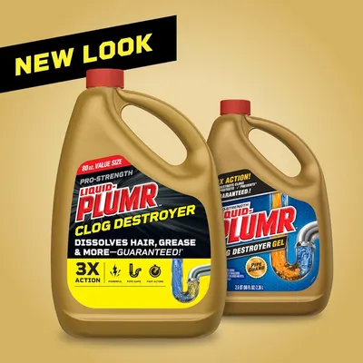 Communicates the brand's packaging refresh and showcases multiple product options from the Liquid-Plumr line to help shoppers understand the available variants.