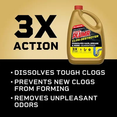 Communicates the product's superior performance with a bold 3X action claim, emphasizing its effectiveness at dissolving tough clogs, preventing new clogs, and removing odors. Highlights three…