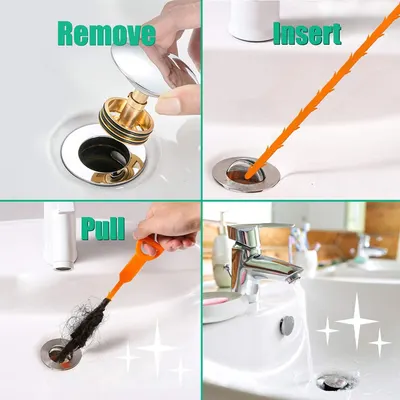 Demonstrates the step-by-step process of using the drain cleaning tool to remove clogs, showing shoppers exactly how to remove the drain cover, insert the tool, pull out debris, and achieve a clean…