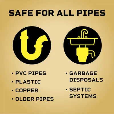 Reassures shoppers that the product is safe to use with all types of pipes and plumbing systems, including PVC, plastic, copper, older pipes, garbage disposals, and septic systems. Demonstrates the…