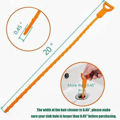 Communicates the physical dimensions of the drain cleaner tool (20 inches long, 0.45 inches wide) and warns shoppers to verify their sink hole is larger than 0.45 inches before purchasing.