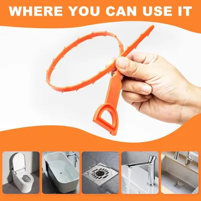Demonstrates the product's versatility by showing multiple bathroom and plumbing applications where the drain cleaning tool can be used, including toilets, bathtubs, drains, faucets, and sinks.