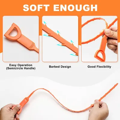 Communicates three distinct product benefits in a segmented layout: the ergonomic handle design for ease of use, the barbed edges for effective cleaning, and the flexible material that allows the…