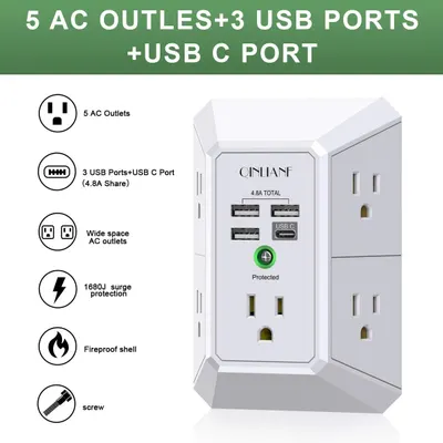 This image showcases multiple distinct benefits of the power strip in a segmented layout with icons and callouts, helping shoppers understand the comprehensive feature set including outlet count,…