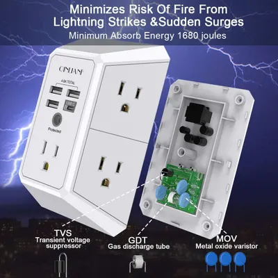 This image breaks down the internal safety components of the surge protector to demonstrate how it protects against lightning strikes and power surges, reassuring shoppers of its technical…