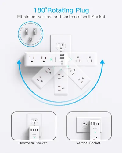 Demonstrates the product's rotating plug feature that allows it to fit both vertical and horizontal wall sockets, providing flexibility and convenience for different outlet orientations.