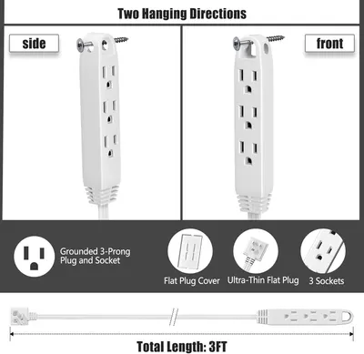 This image showcases multiple distinct features of the power strip including versatile hanging options, safety features, plug design, socket count, and cable length to communicate the product's…