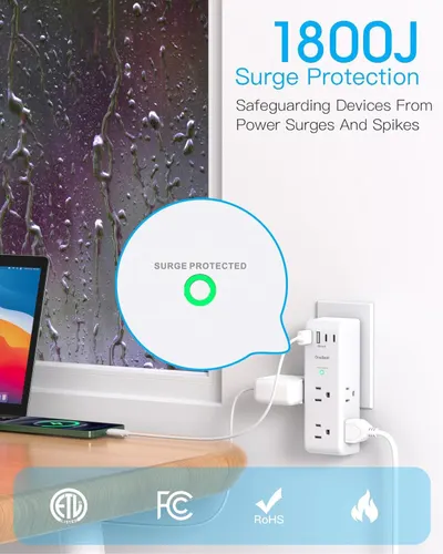 Communicates the product's surge protection capacity (1800 Joules) to reassure shoppers that their devices will be safeguarded from power surges and spikes. Displays multiple safety certifications…